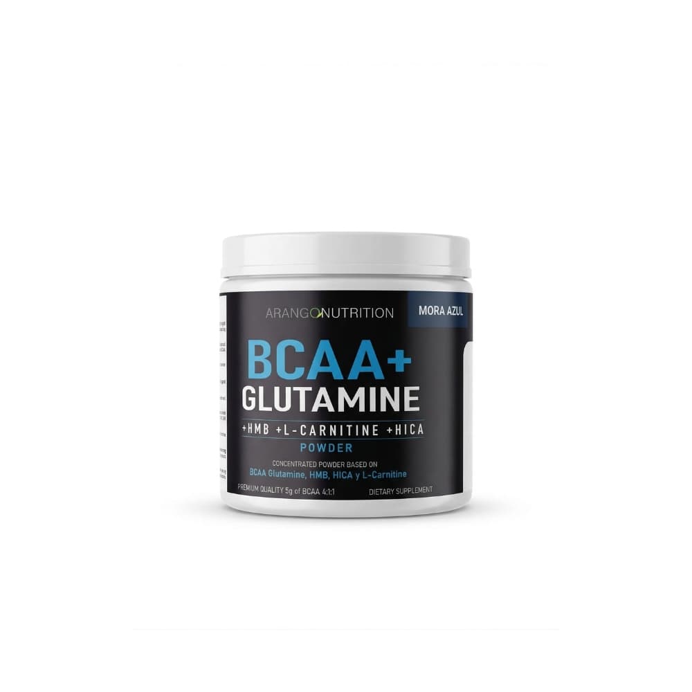 Bote de BCAA+ Glutamine Arango Nutrition sabor mora azul, polvo concentrado con HMB y L-carnitina