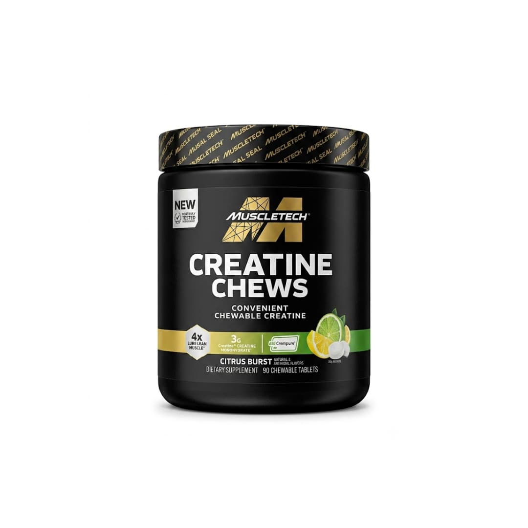Bote de Creatine Chews MuscleTech 90 tabletas masticables sabor citrus burst con creatina Creapure