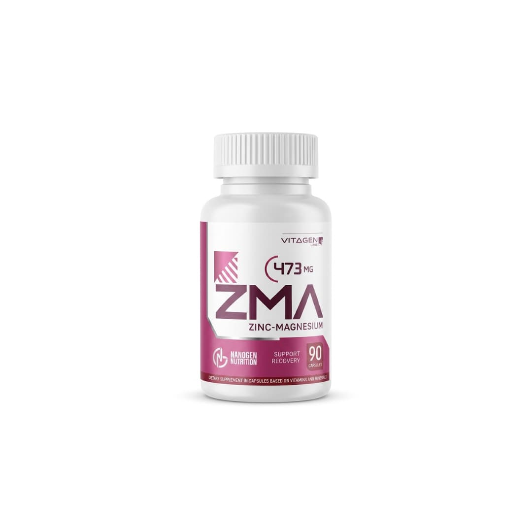 Frasco de ZMA Nanogen Nutrition 90 cápsulas con zinc, magnesio y vitamina B6, línea Vitagen