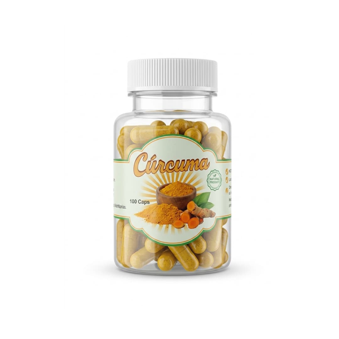 Frasco transparente de suplemento de Curcuma con 100 capsulas sobre fondo neutro