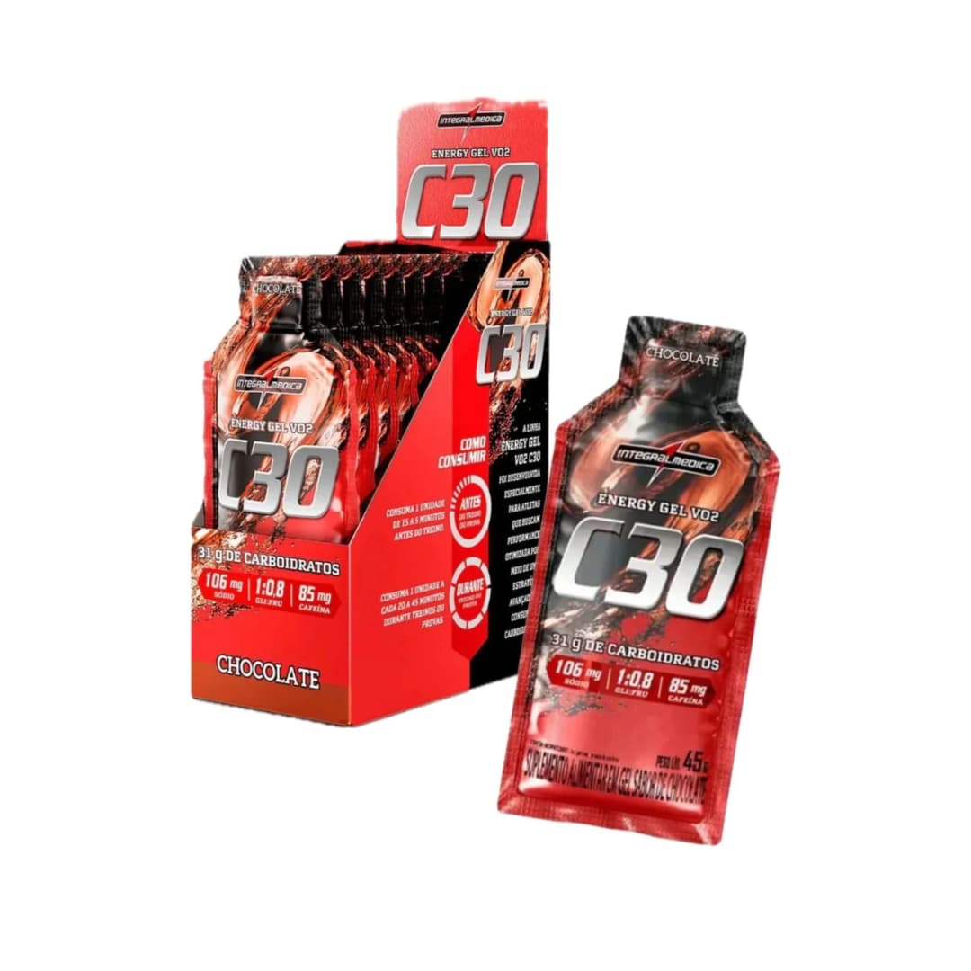 IntegralMédica C30 Energy Gel VO2 — 31 g Carbohidratos 85 mg Cafeína Sabor Chocolate · Caja x10 Unidades (45 g c/u)