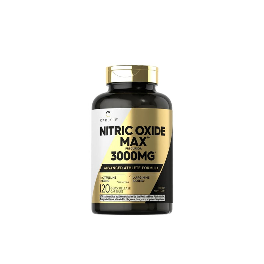 Frasco de Nitric Oxide Max Carlyle 120 cápsulas con L-citrulina y L-arginina, distribuido por Arango Nutrition
