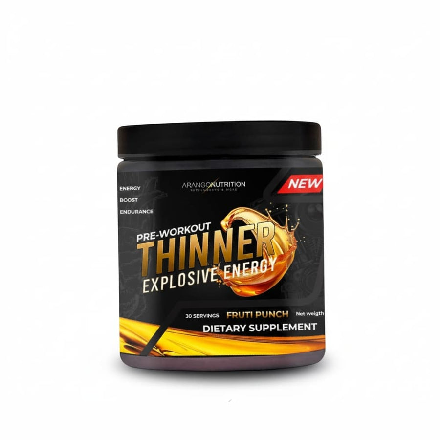 Bote de Thinner Explosive Energy Pre-Workout Arango Nutrition 310 g sabor fruit punch con 30 servicios
