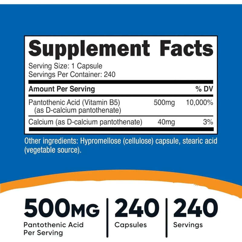 Ácido Pantoténico Vitamina B5 500 mg en Cápsulas — Nutricost